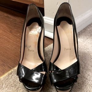 Christian Louboutin- Used Patent Black Cork Heels- Red Bag included